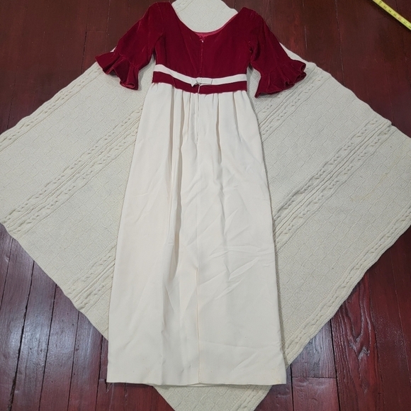 VINTAGE Empire Waist Long Ruffle Sleeve Velvet Top Dress size 2/4 Burgundy Ivory - Picture 9 of 15
